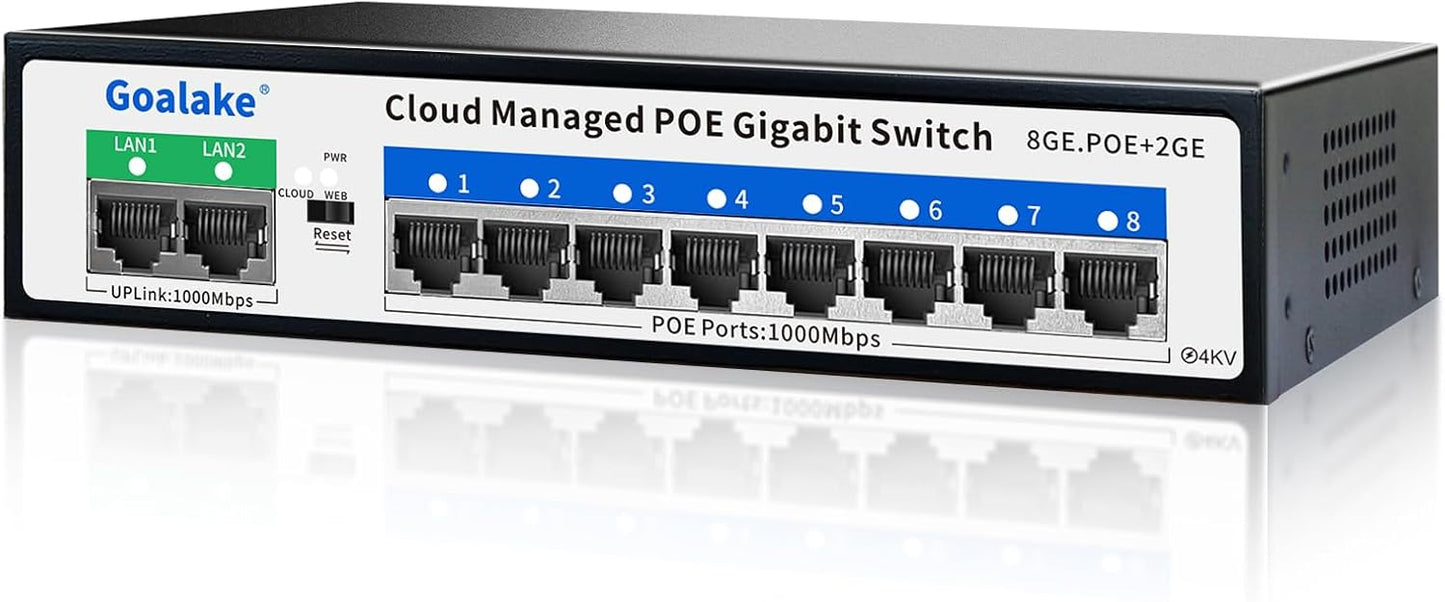 Poe Switch, 10 Ports Gigabit PoE Switch, (8 Ports gigabit Switch + 2 gigabit uplink) Cloud Managed Gigabit Ethernet Switch, 8 Poe Ports @120W, Web/App Smart Managed, Remote Detection/Restart
