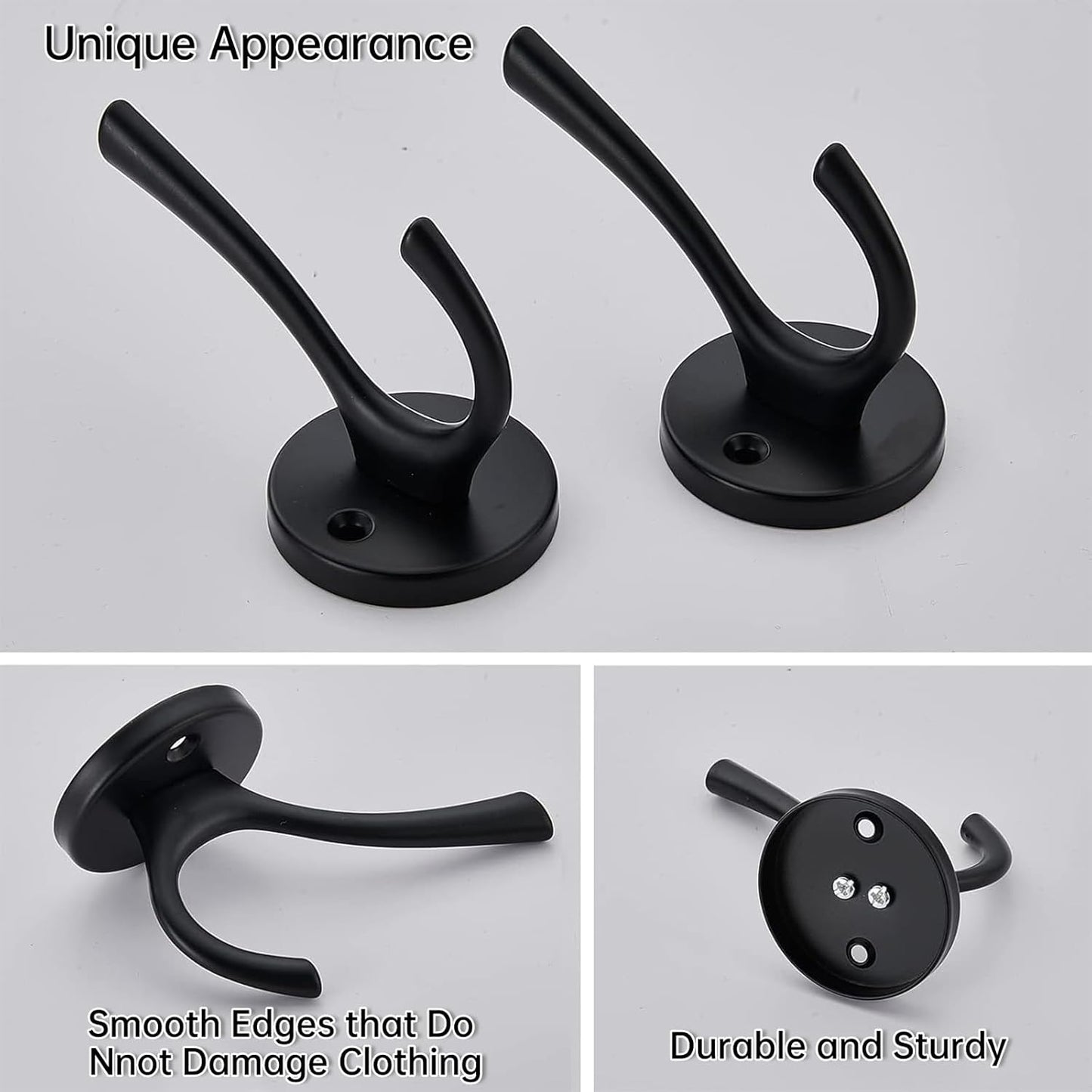4 Packs Black Coat Hooks, Decorative Double Prong Metal Closet Hooks for Hanging Towels, Robes in Bathrooms, Kitchen