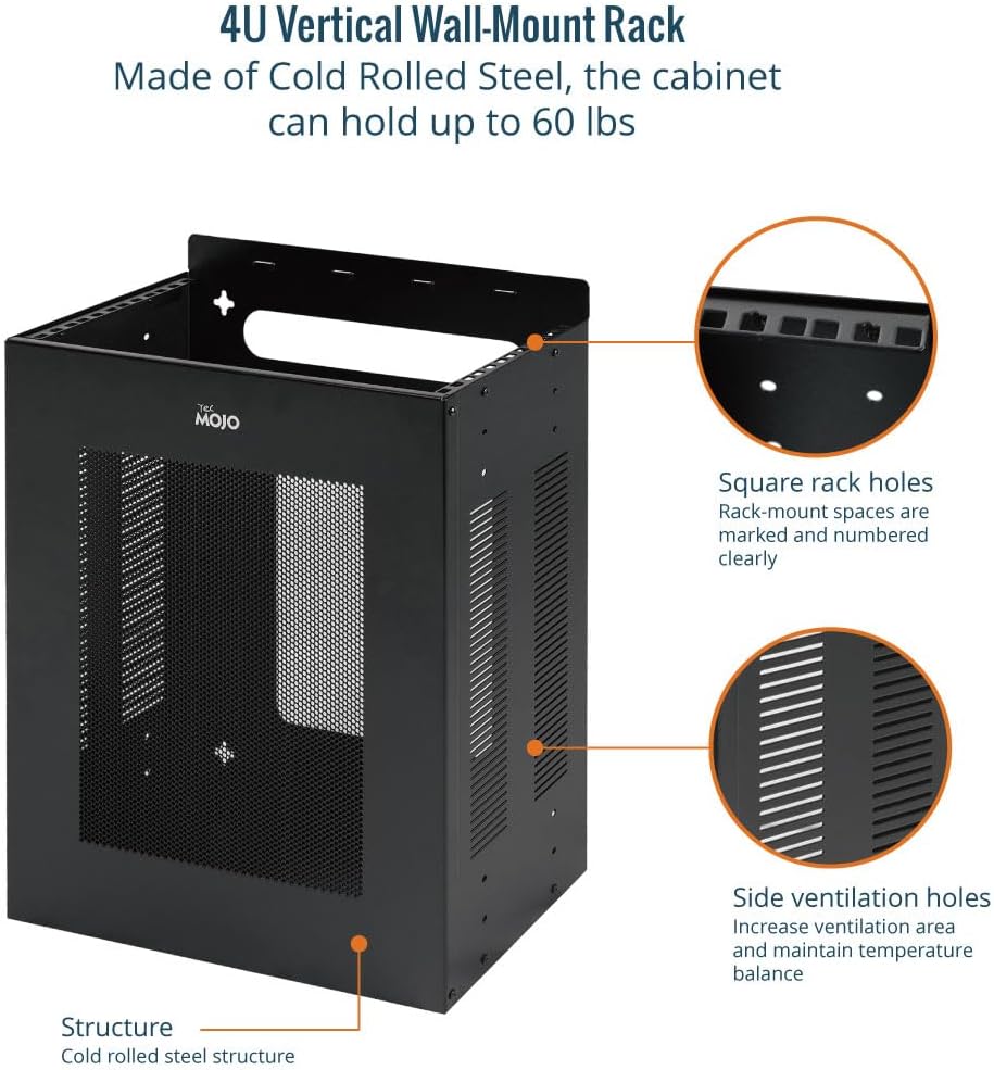 Tecmojo 4U Server Rack, Vertical/Horizontal Wall Mountable Rack with Vented Enclosure for 19 Inch IT Equipment, Cable Modems, Telecom, A/V,Black