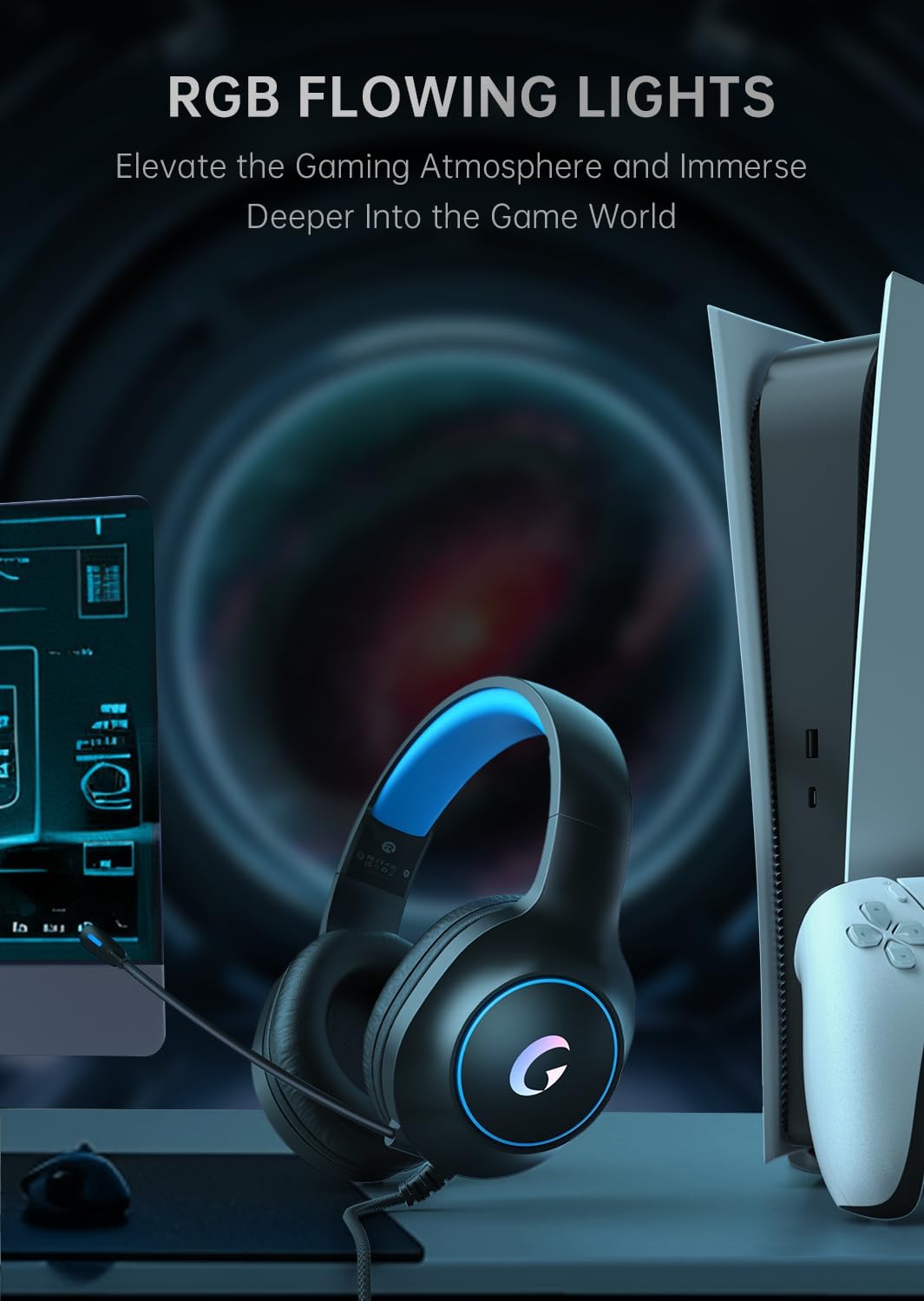 CM7002 Gaming Headset for PS5, PS4, PC, Mac, Switch, Xbox Series, Surround Sound RGB Gaming Headphones with Noise Canceling Microphone, 50MM Dynamic Drivers, 3.5MM Audio Jack, Blue