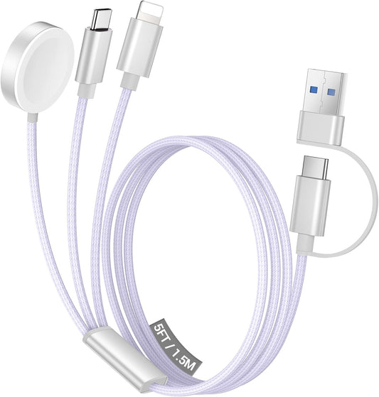 Temdan for Travel Vacation Essentials,3 in 2 USB C Cable for Apple Watch Charger/iPhone 16 Charger/Lightning,Multi Charging Cable Cord,Camping Essentials,Designed for iWatch &iPhone 16-12-5FT Purple