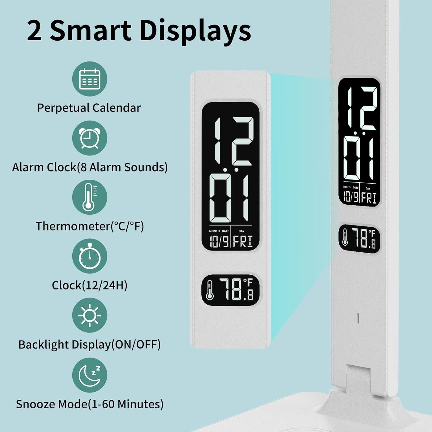 LED Desk Lamp for Home Office, USB Charging Port, Reading Lamp Desk Light with 5 Brightness, 3 Colors, Table Lamp with Clock, Alarm, Date, Temperature, Desk Lamp for College Dorm Room (White)