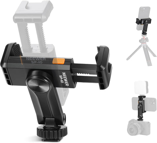 Neewer Basic Phone Tripod Mount Holder with 1/4" Thread & Cold Shoe, 2.36"-3.54"/6-9cm 360° Rotatable Camera Mount Cellphone Clamp for iPhone 15 14 13 12 11 Pro Max X XR Samsung S24 Ultra, SP-10