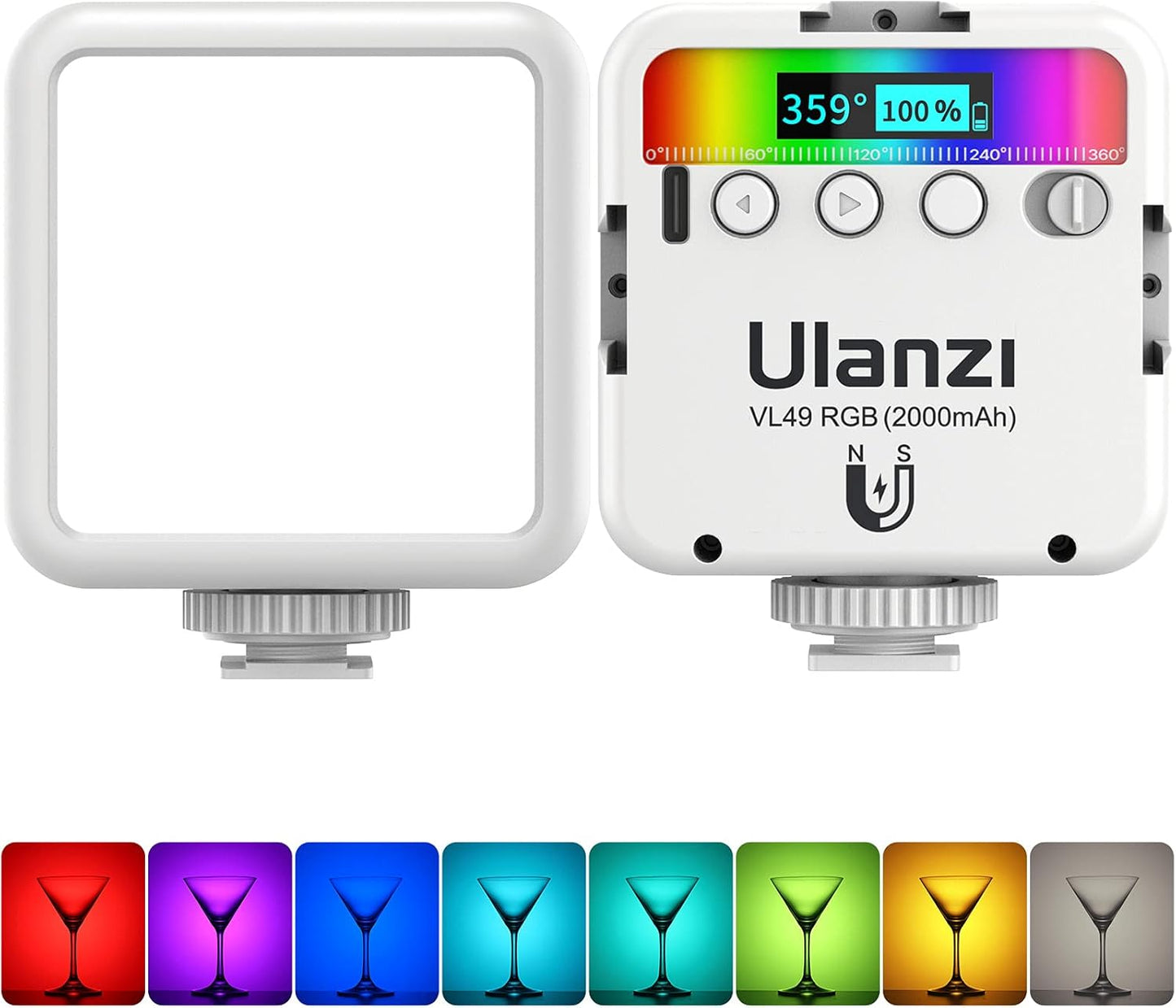 ULANZI VL49 RGB Video Lights White, LED Camera Light 360° Full Color Portable Photography Lighting w 3 Cold Shoe, 2000mAh Rechargeable CRI 95+ 2500-9000K Lamp Support Magnetic Attraction