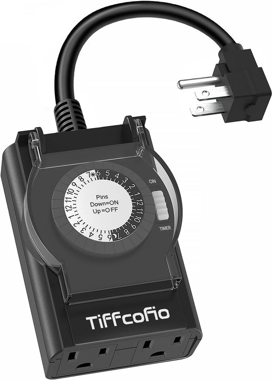 Outdoor Timer Outlet Waterproof, 24 Hour Mechanical Light Timer Outdoor, 2 Grounded Outlets for Home and Garden, 15A 1/2HP, Heavy Duty, ETL Listed (1 Pack)
