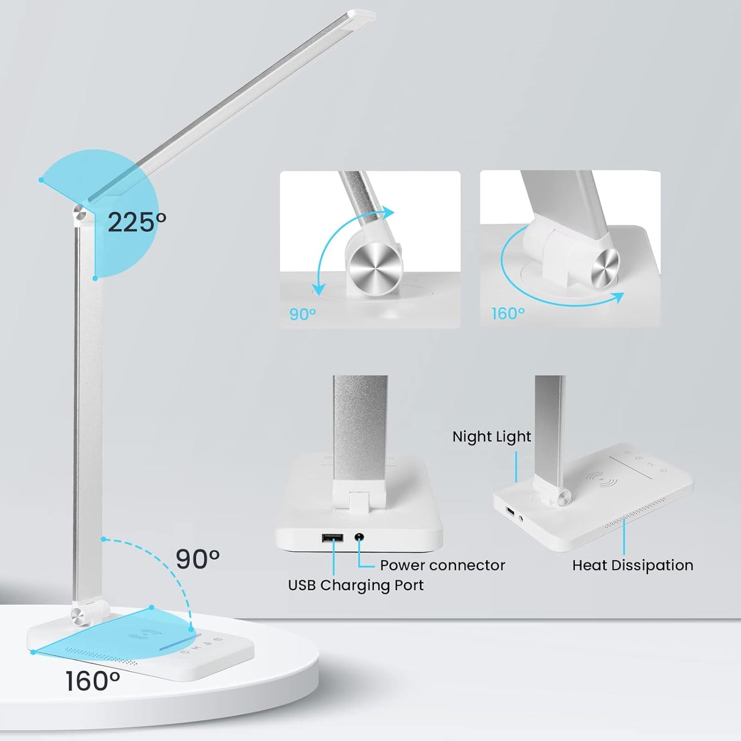 LED Desk Lamp with Night Light, Fast Wireless Charger, USB Charging Port, 10 Brightness, 5 Color Modes, Dimmable Bedside Table Lamp for Bedroom, Touch Control, Auto Timer, 1200Lux Super Bright