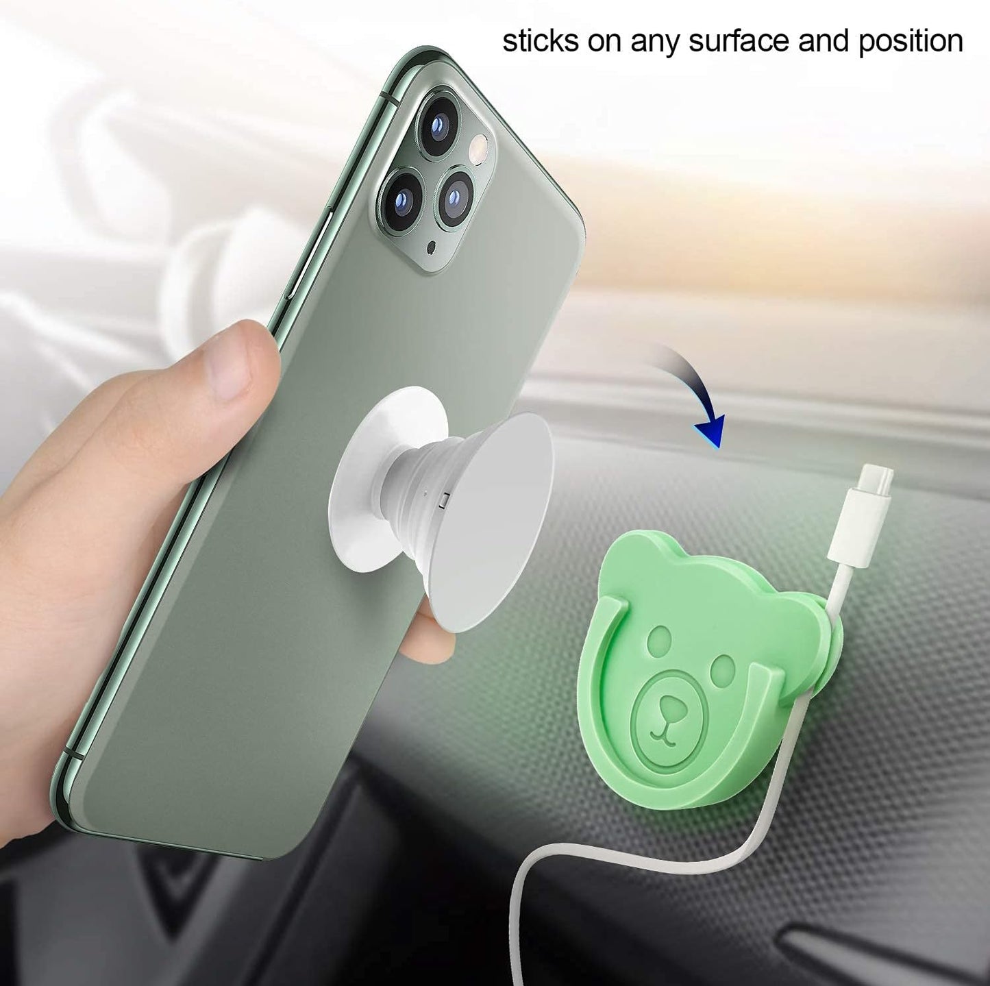 TOPGO Socket Car Mount for Phone Holder Cute Bear Style Silicone Grip Stand with Phone line Clasp for Collapsible Socket User Used on Dashboard, Home, Office, Kitchen, Desk, Wall (Color) 3 Pack