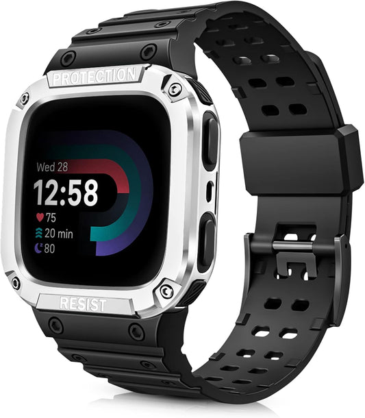 FINTIE Bands with Case Compatible with Fitbit Versa 4/3/2/1/Versa Lite/Fitbit Sense 2/Sense, Protective Case Strap Rugged Sport Band Men, Black/Silver