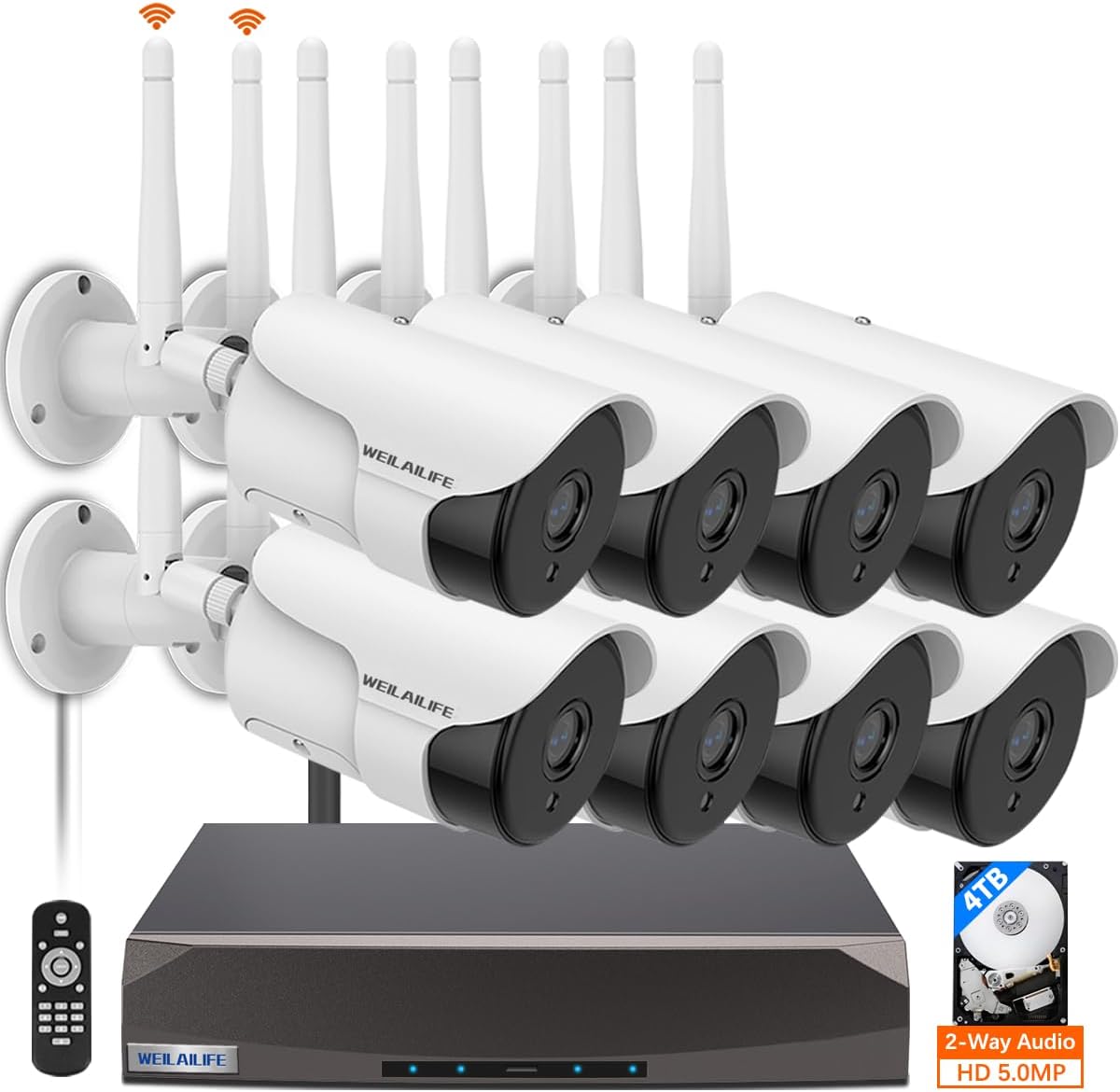 WEILAILIFE 【 90ft Super Night Vision & Dual Antenna Enhanced】 2-Way Audio Outdoor Wireless Security Camera System, WiFi Video Surveillance, Home Security Cameras