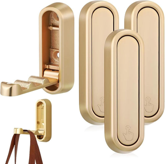 4PCS Gold Foldable Wall Hooks, Metal Folding Hooks Wall Mount, Easy Installation, Suitable for Bathroom Kitchen, Flip Down Hook for Wal l Hanging Coat, Bag, Towel, Key, Hat (Gold)