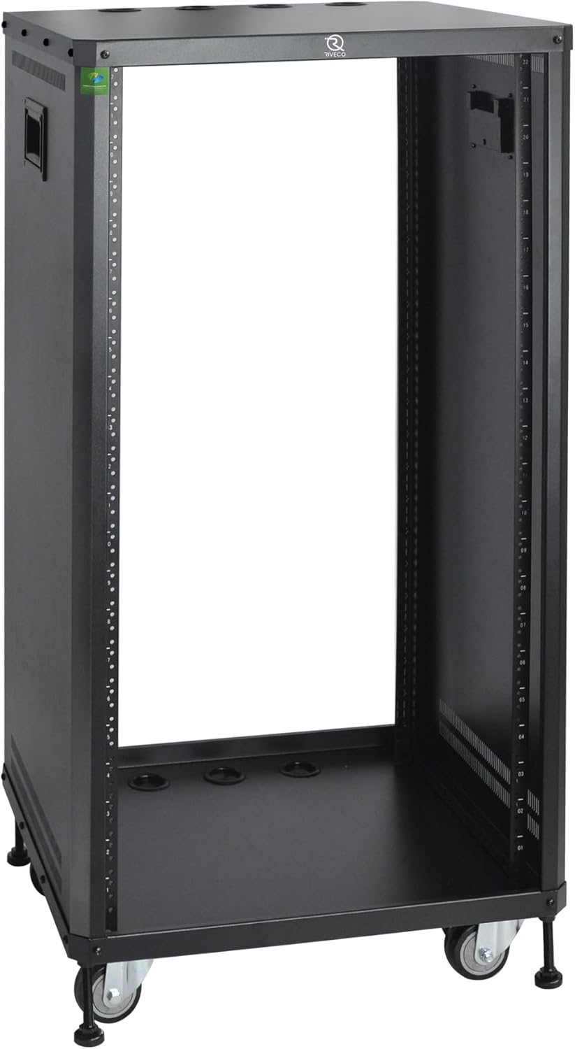 RIVECO POMU 22U Stereo & Server Rack with Caster Wheels, Rolling Network Cabinet, Open Frame Rack for 19-inch Audio Video Music Recording & IT Equipment, Obtuse Angel, Lifting Handle