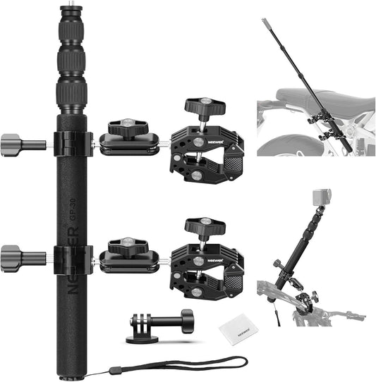 NEEWER Motorcycle Camera Mount Kit, Bicycle Handlebar Invisible Selfie Stick, 360° Ball Heads, Super Clamps & Cleaning Cloth, Compatible with GoPro Insta360 DJI AKASO Action Cam Video Recording, GP-30