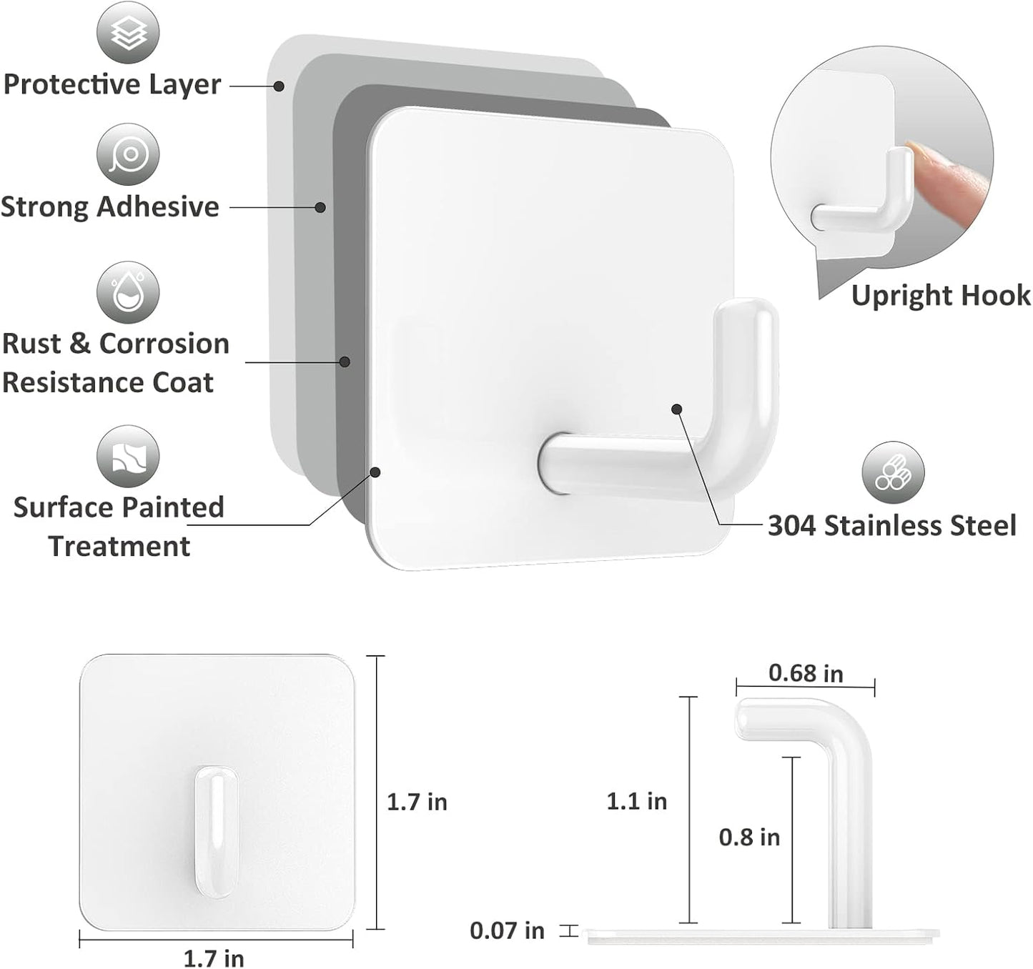 VIS'V Adhesive Hooks, Metal Shower Wall Stick on Hooks, Waterproof, 2 Extra Adhesive Strips, White, 4 Pcs
