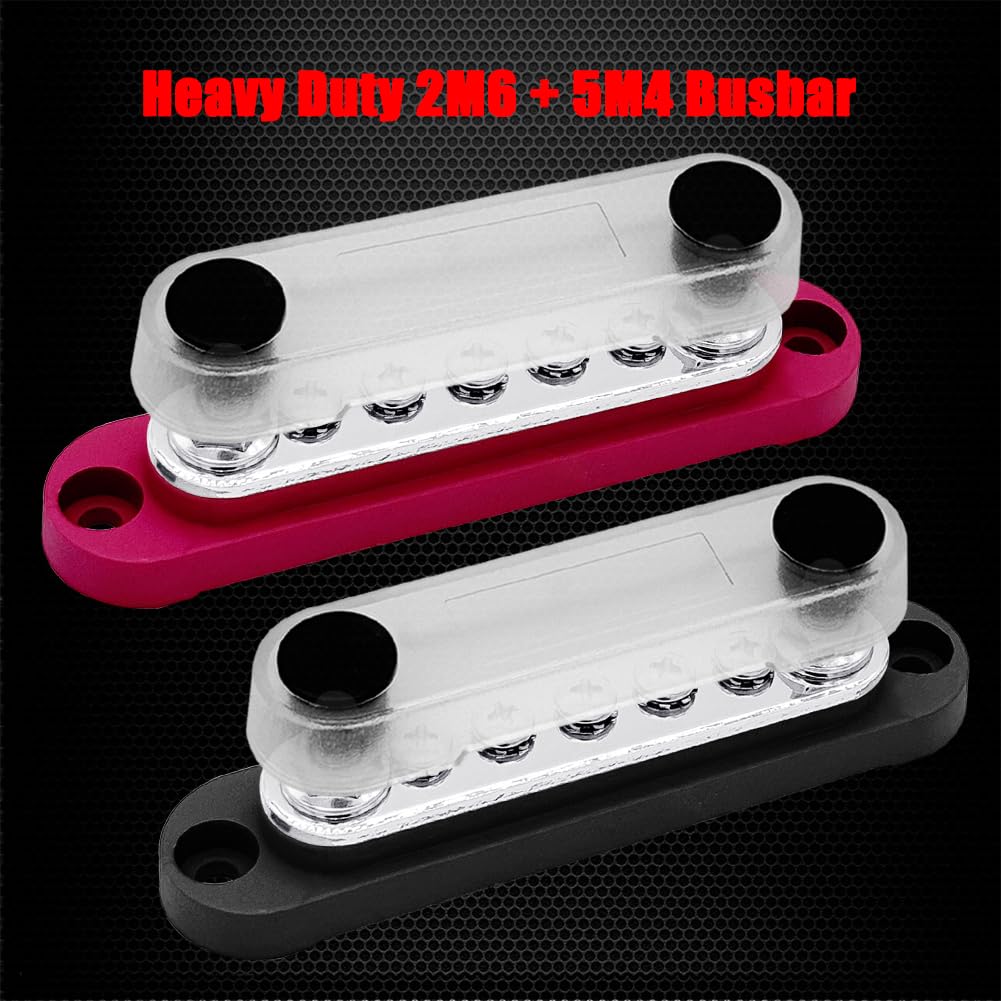 2 x M6 (1/4") Power Distribution Block Bus Bar 12V with 5 x M4 (#8) Screws, Ampper 4.3" 150A Marine BusBar Battery Distribution Block W/Cover for Car Boat Solar (Red & Black)