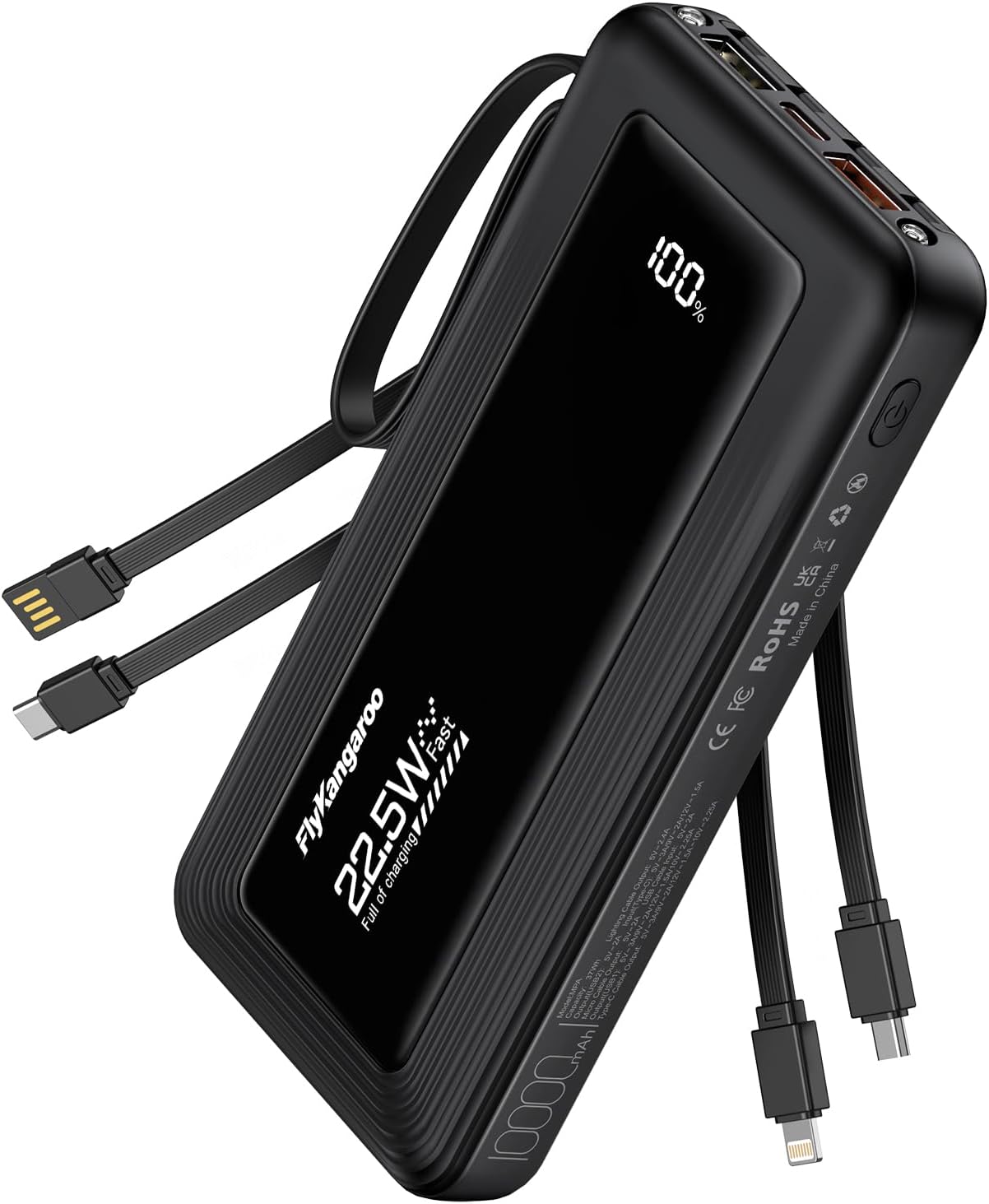 Portable Charger with Built in Cables, Slim 10000mAh Fast Charging 22.5W Power Bank USB C LED Display Battery Pack 6 Outputs & 2 Inputs for iPhone Samsung Pixel LG Moto iPad