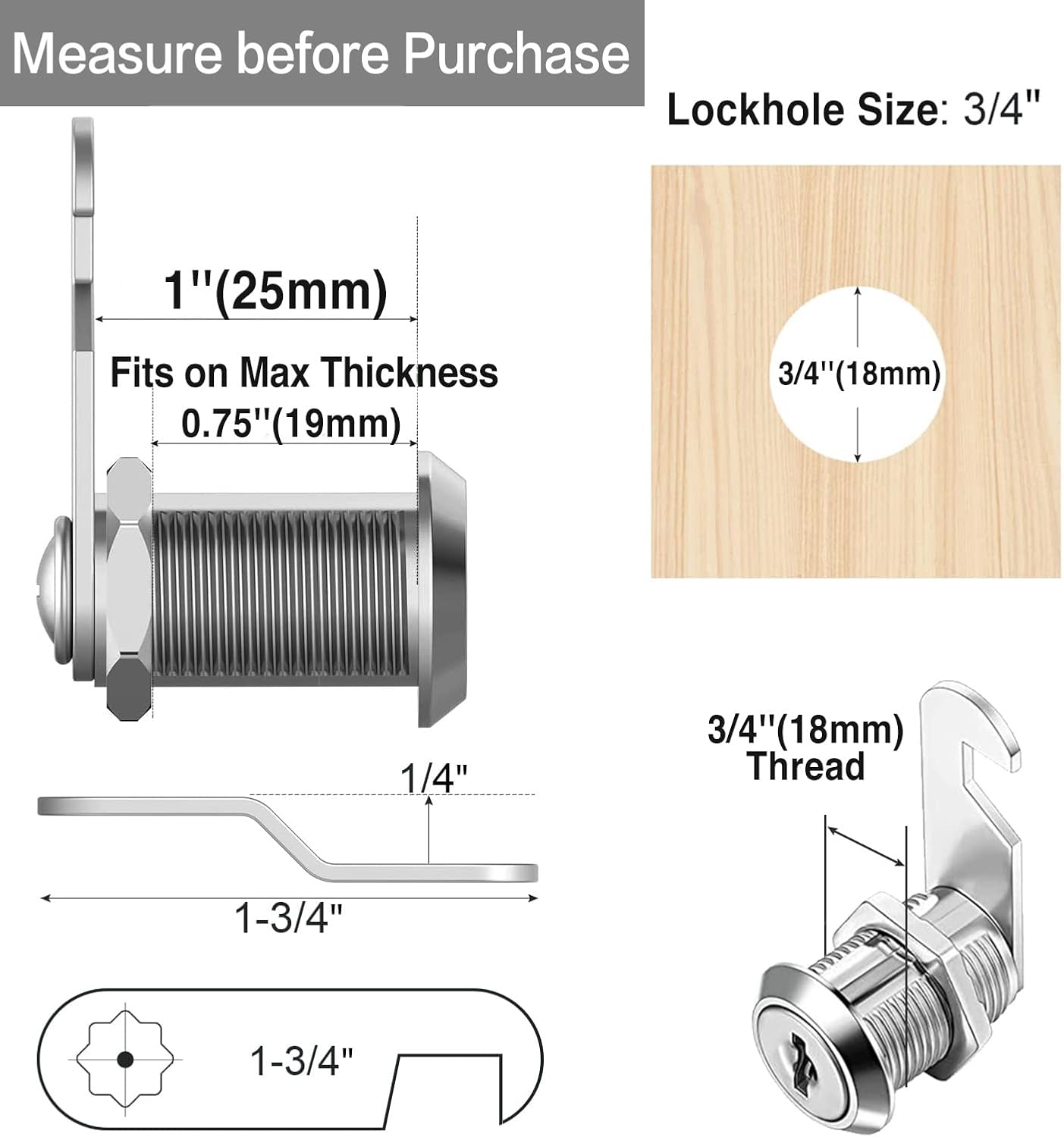 Cam Locks Keyed Alike, 1'' Cabinet Lock Fits on 3/4'' Max Door Thickness, Secure File Drawer Mailbox RV Storage Replacement Set, Zinc Alloy (1 Inch 6Pcs)