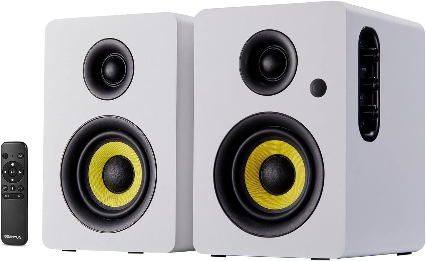 SW206 4” HiFi Bookshelf Speakers with Studio Mode, 80W Active, Bluetooth 5.4/Optical/Coaxial/TRS/Aux/24bit DAC USB, for Turntable TV PC Desktop, MDF Cabinet, Remote Control, White