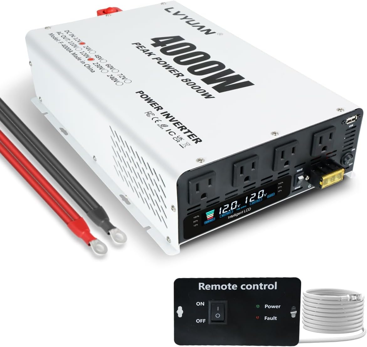 LVYUAN 4000 Watt Power Inverter 12V to 110V 120V DC to AC Converter with 4 AC Outlets, LCD Display, USB Charge Port, Remote Control for Home RV Vehicle Outdoor Camping Car Power Inverter