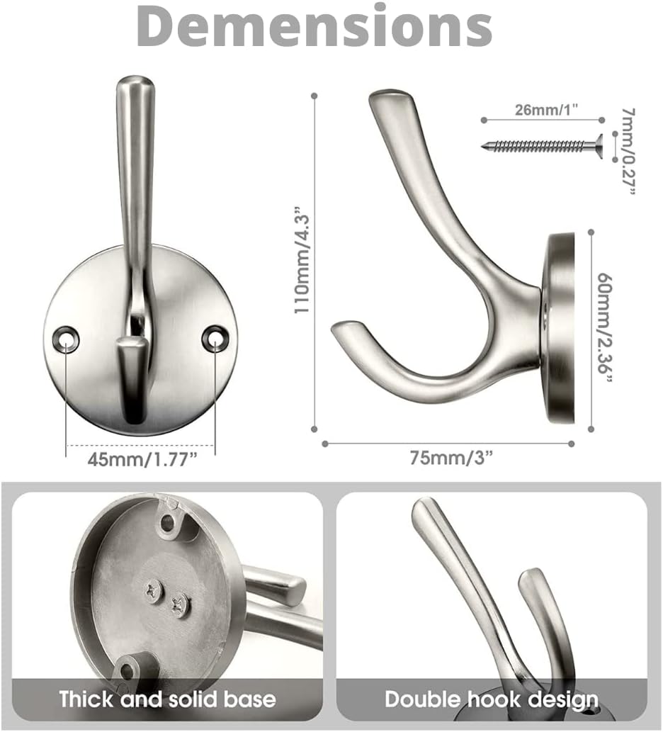 4 Pack Brushed Nickel Coat Hooks - Silver Robe & Towel Hooks for Bathrooms & Kitchen