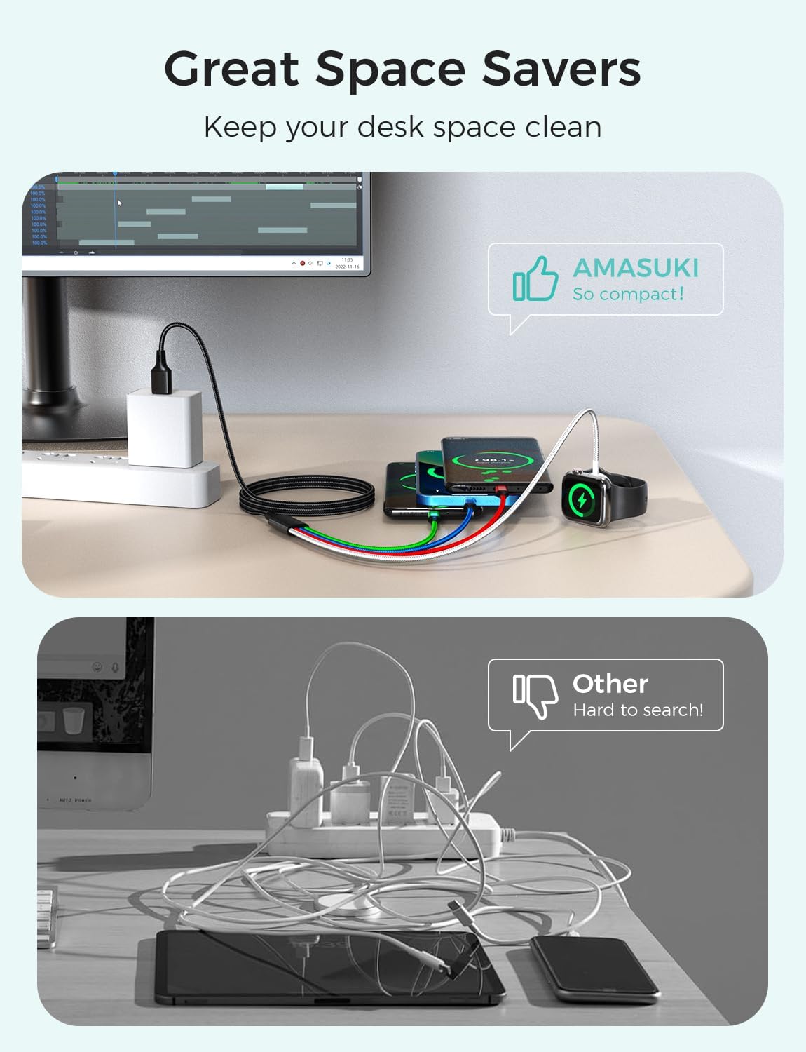 Upgraded Travel Essentials for Apple Watch Charger 4 in 1 Multi Charging Cable iWatch Charger Camping Essentials USB C/L/Micro Compatible with iWatch Series 10-1/SE/iPhone 16 15/Galaxy Android-4FT