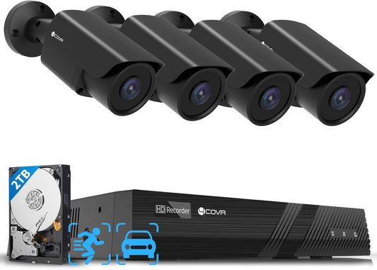 4COVR Security Camera System with Audio, 8CH 8MP H.265 UHD NVR with 2TB HDD, 4Pcs 5MP Wired Bullet PoE IP Camera IP67 Home Weatherproof, Person Vehicle Detection & Night Vision, LY37EB5M0804