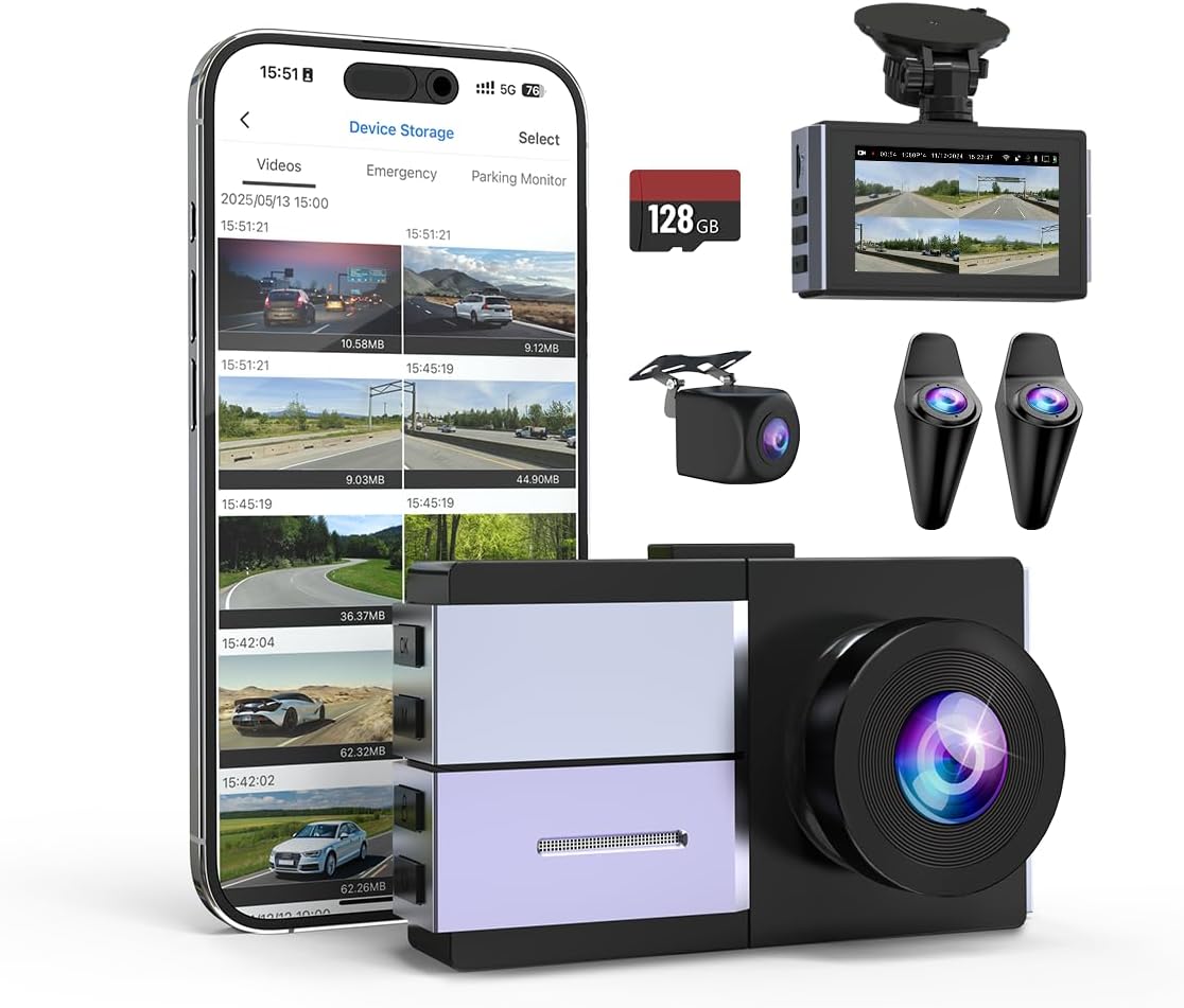 Sprleaf 4-Channel Dash Cam with Front and Rear Cameras, 360° Dashcam,128GB Card Included, 5G Wi-Fi and App Control, Night Vision, WDR, 24-Hour Parking Mode, Collision Detection