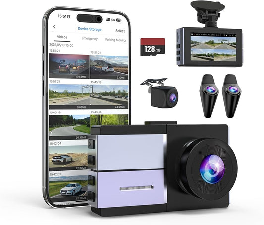 Sprleaf 4-Channel Dash Cam with Front and Rear Cameras, 360° Dashcam,128GB Card Included, 5G Wi-Fi and App Control, Night Vision, WDR, 24-Hour Parking Mode, Collision Detection