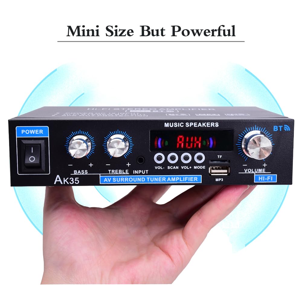 AK35 Stereo Amplifier Home Audio Bluetooth 5.0 Max 200W 2.0 Channel Mini Amplifier Stereo Receivers for Car, Home Party, Audio Amplifier AMP w/USB/TF Card/AUX Input/Bass & Treble Control