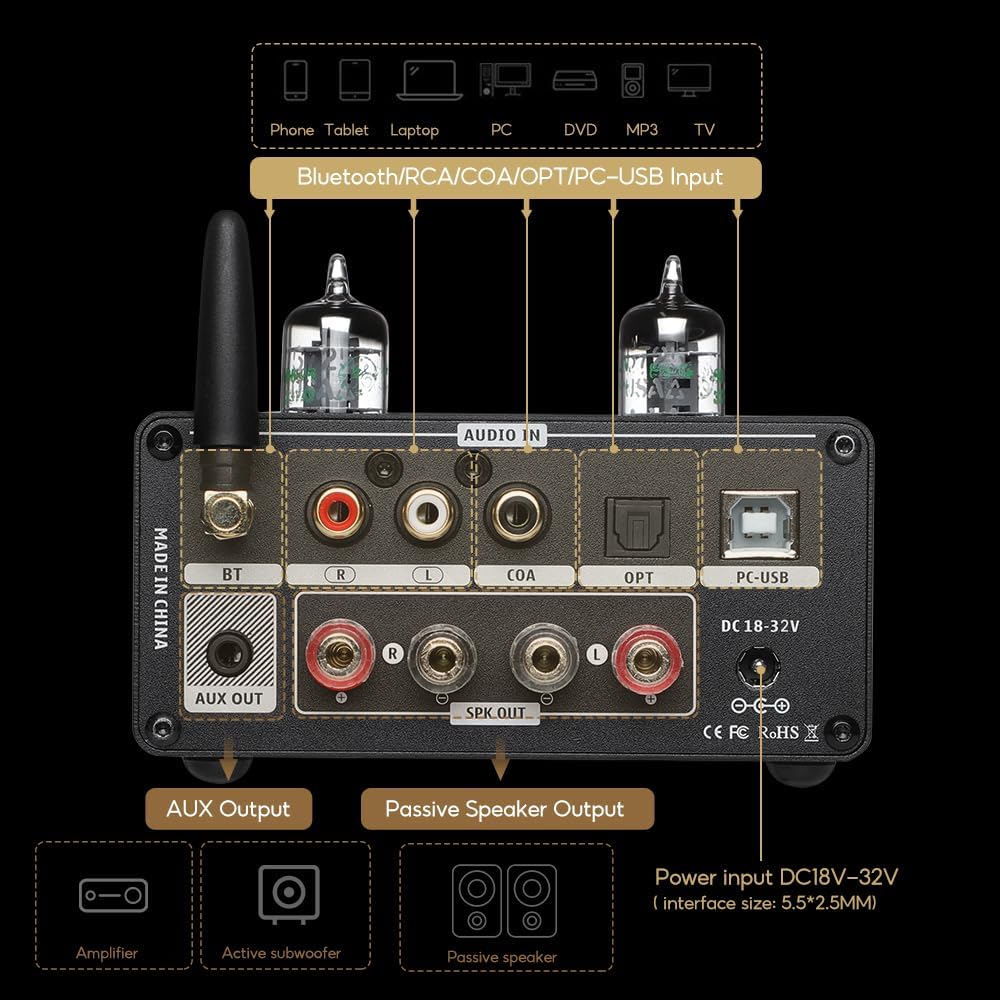 AIYIMA T9 PRO 200W Bluetooth Amplifier HiFi Digital Class D Power Amp 2.0/2.1 Channel Vacuum Tube DAC Amp with VU Meter & Bass Treble Bluetooth 5.2 Coaxial Optical PC-USB inputs