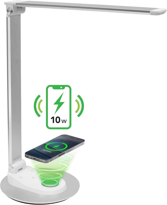 Mount-It! LED Desk Lamp with Wireless Charger and USB-C Charging Port, Dimmable Desk Lamp with 25 Brightness and Color Modes, for Home or Office, Adjustable Arm, Silver/White