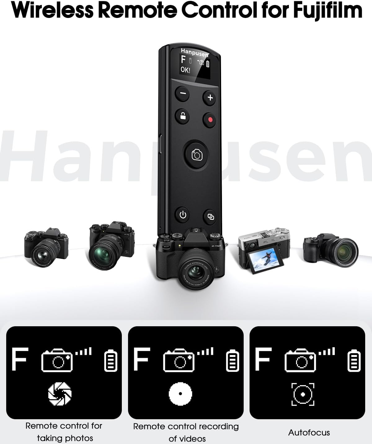 for Fujifilm Camera Remote Control, Hanpusen Rechargeable Wireless Shutter Release with OLED Screen for Fujifilm X100 VI/X-M5/X-T30 II/X-E5/X-T5/X half/X-H2S/X-T30/X-T4/X-T3/X-S20/X-S10/X-T50/X-H2