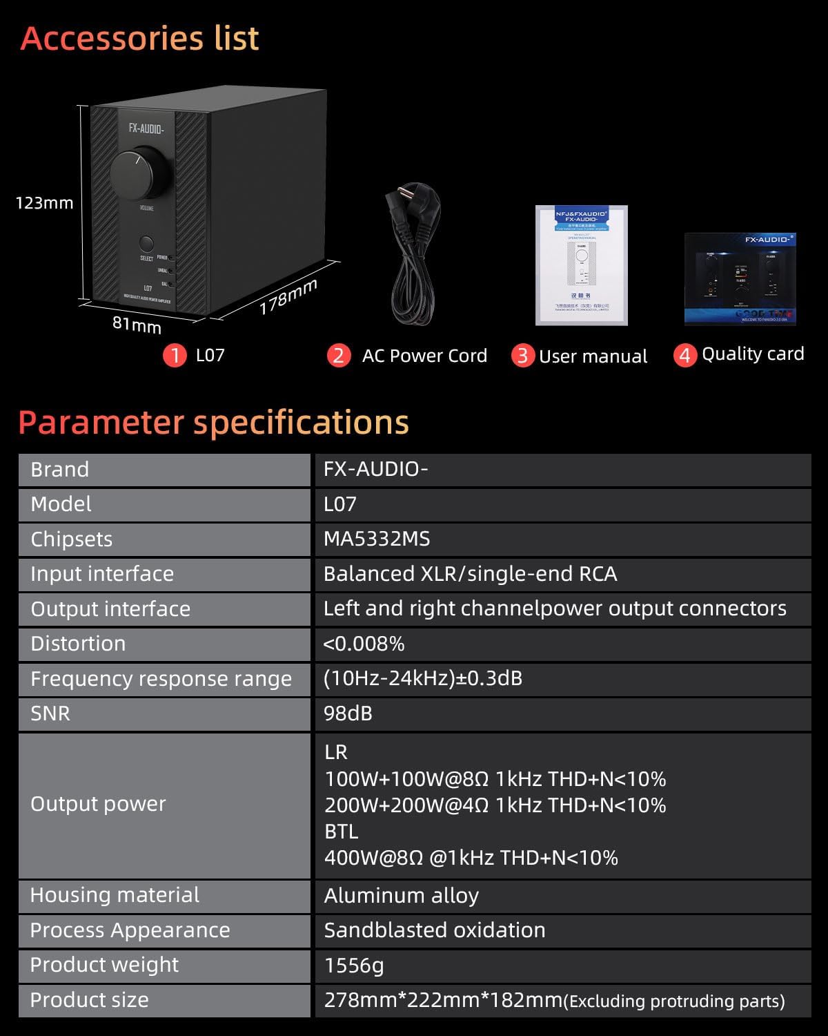FX-Audio- L07 Stereo Audio Amplifier 200W x2 MA5332MS 2 Channel Class D Power Amp Bridgeable BTL 400W Hi-Fi Fully Balanced Amp for Passive Bookshelf Desktop Speakers Home Theater