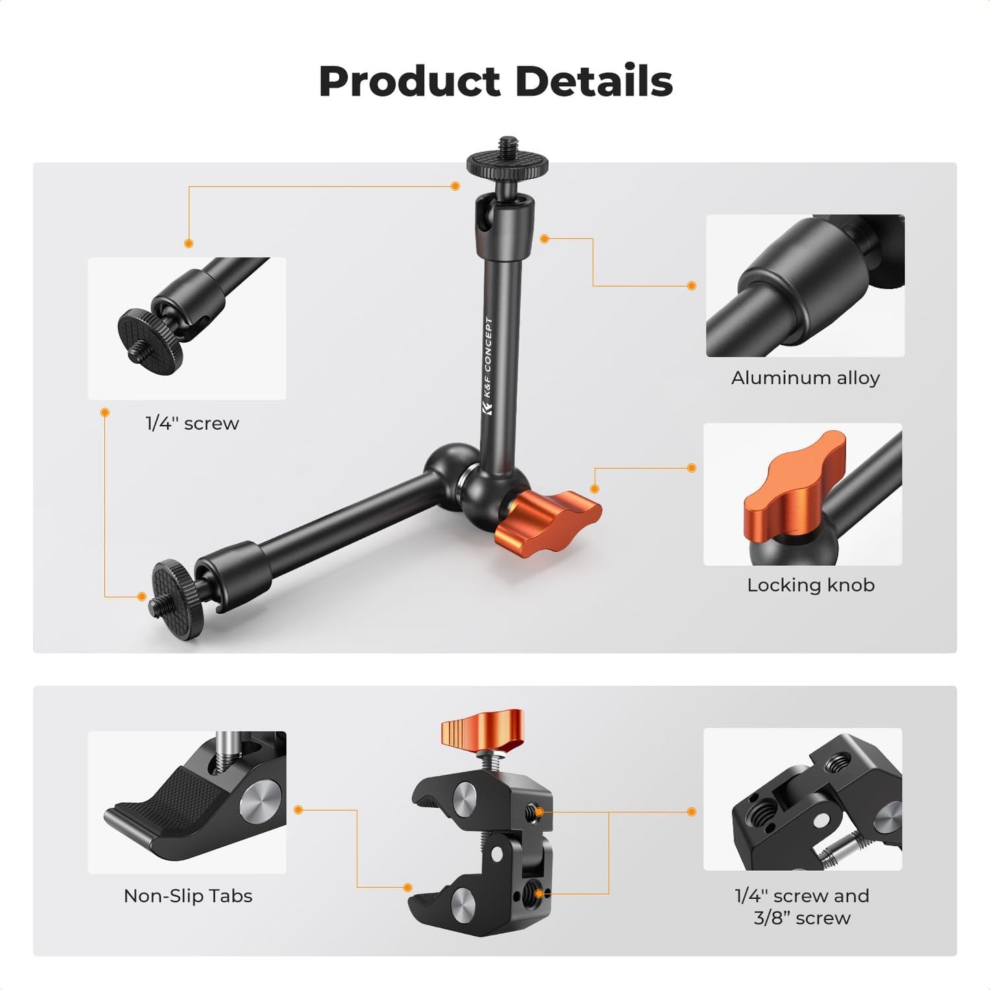 K&F CONCEPT 9.8" Magic Arm, 1/4" Screw Camera Mount Arm 360° Ball Heads for DSLRs, Monitor, Flash, LED Light, Microphone, Camera Cage, Action Camera