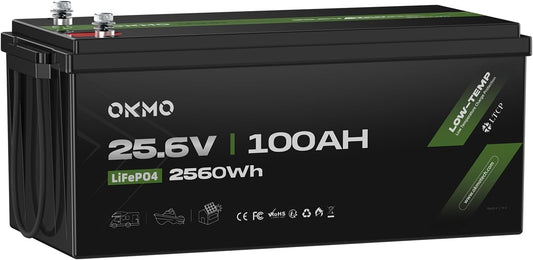 OKMO 24V 100Ah LiFePO4 Lithium Battery for Marine, Trolling Motor, RV, with Low Temperature Protection, 10 Years 15000+ Deep Cycles, 25.6V Iron Phosphate for Home Solar Energy Storage Off-Grid