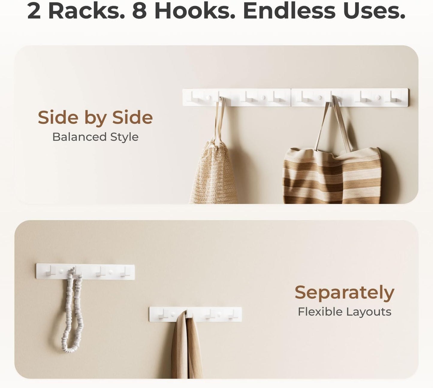 White Wall Mounted Coat Rack - 2 Modular Rails (25'' Total), 8 Right-Angle Hooks, Modern Organizer for Entryway, Bathroom, Bedroom, Holds Coats, Towels, Hats