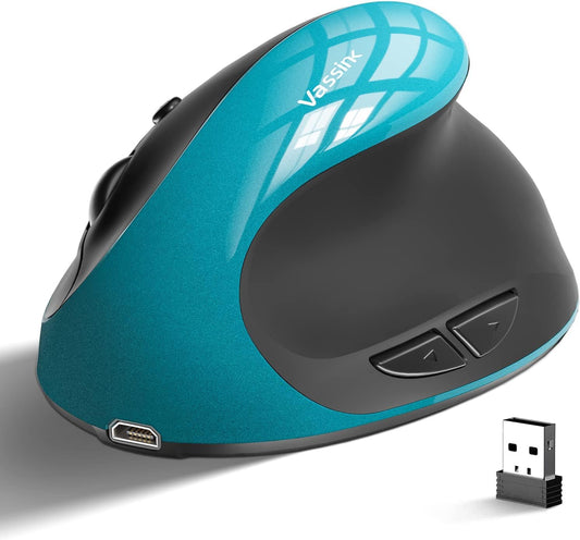 Vassink Ergonomic Mouse, Rechargeable Wireless Mouse Right Handed Small Mouse with 6 Buttons for Laptop,Desktop,PC, MacBook（Blue）