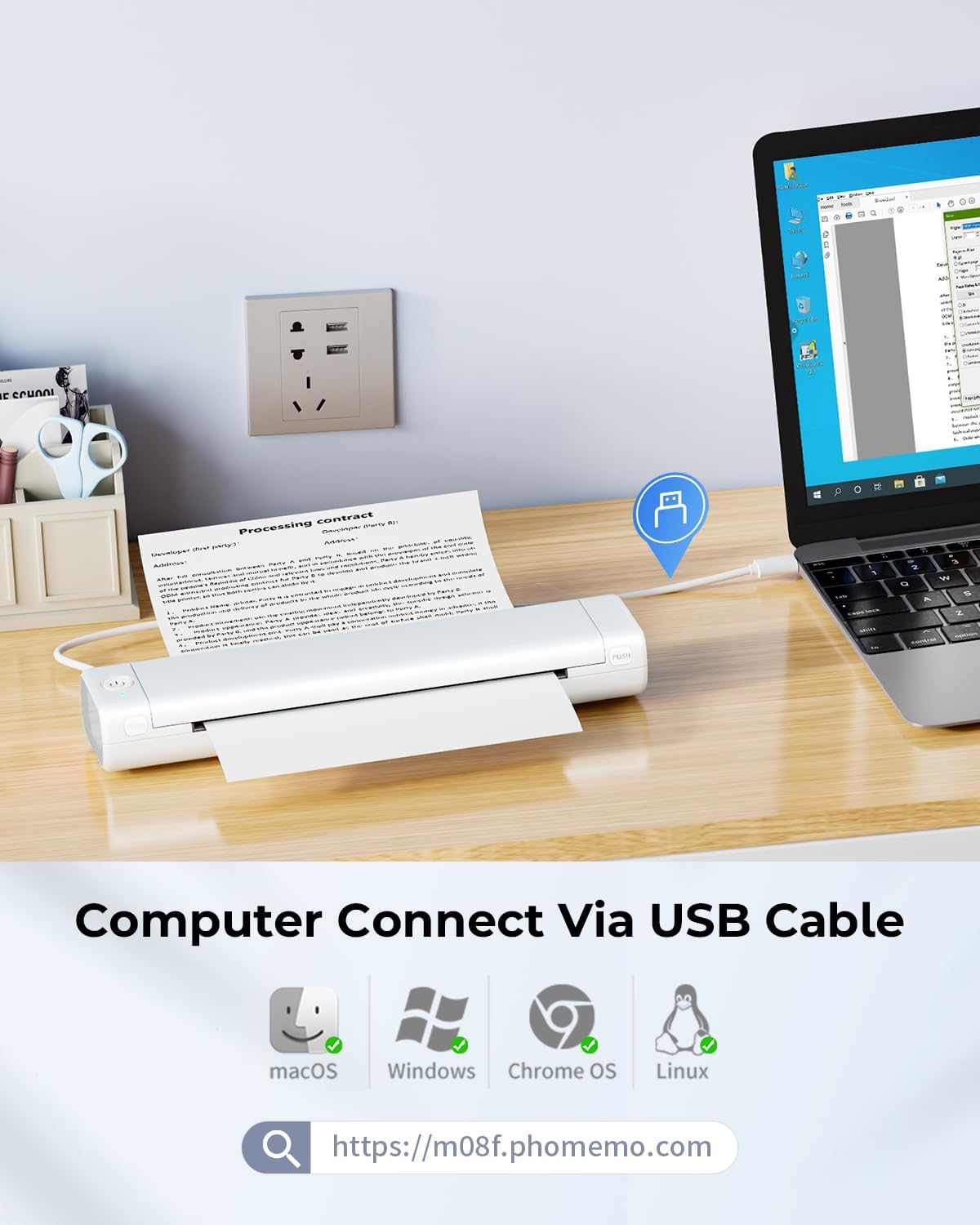 Phomemo M08F Portable Printers Wireless for Travel, Thermal Printer Support 8.5" X 11" US Letter Thermal Paper, Bluetooth Inkless Printer Compatible with iOS, Android, Laptop for Travel, Office, Home