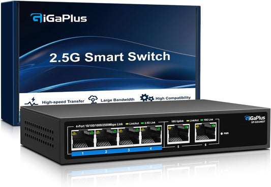 6 Ports 10Gb Unmanaged Ethernet Switch with 4*2.5G Base-T Ports, 2*10G RJ45 Ports. 60Gbps Switching Capacity, GiGaPlus 10Gbps Network Switch for 2.5G/10Gbps NAS/PC, WiFi6 Router, Wireless AP