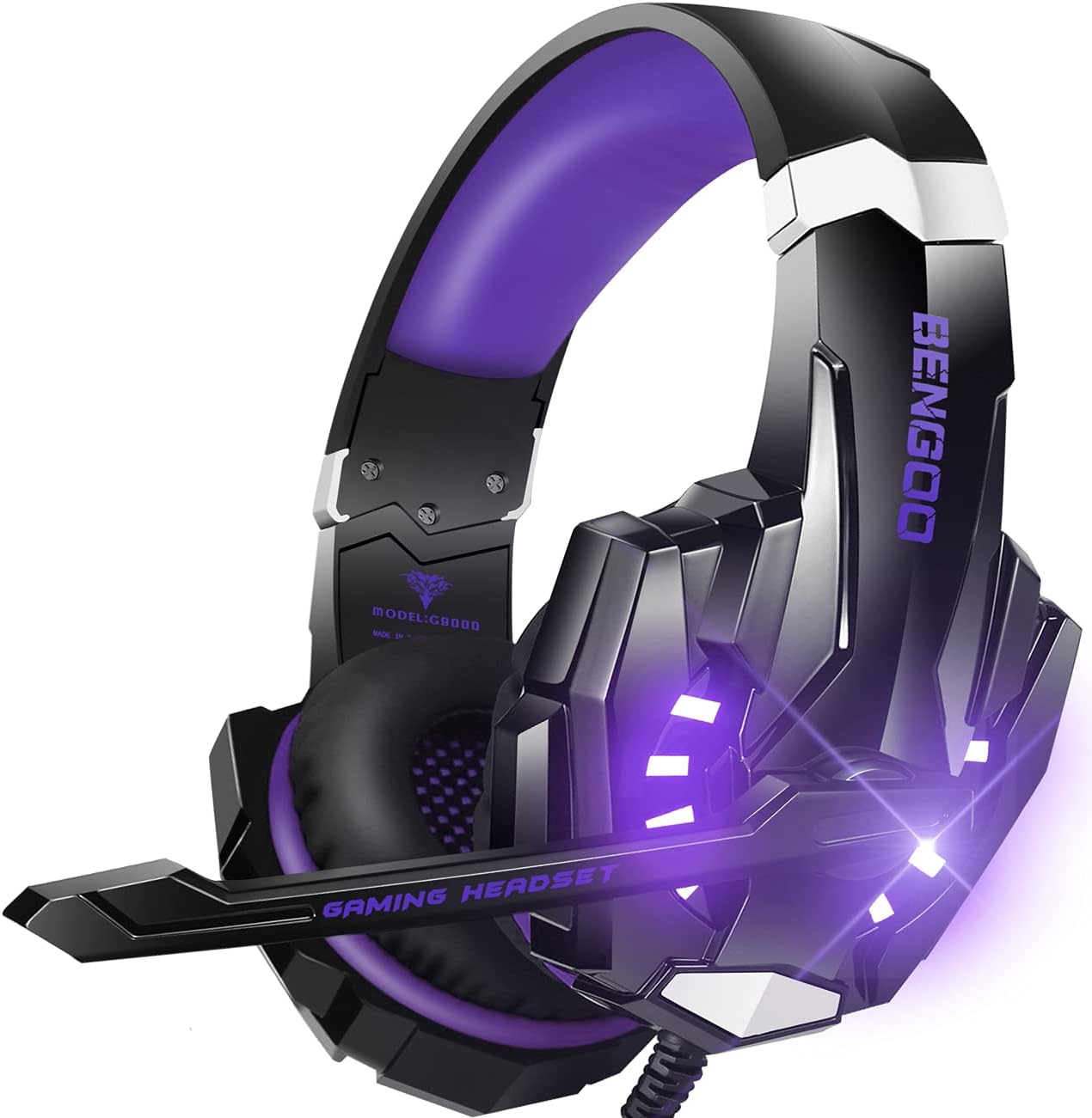 BENGOO G9000 Stereo Gaming Headset for PS5, PS4, PC, Xbox One Controller, Noise Cancelling Over Ear Headphones with Mic, LED Light, Bass Surround, Soft Memory Earmuffs - Purple