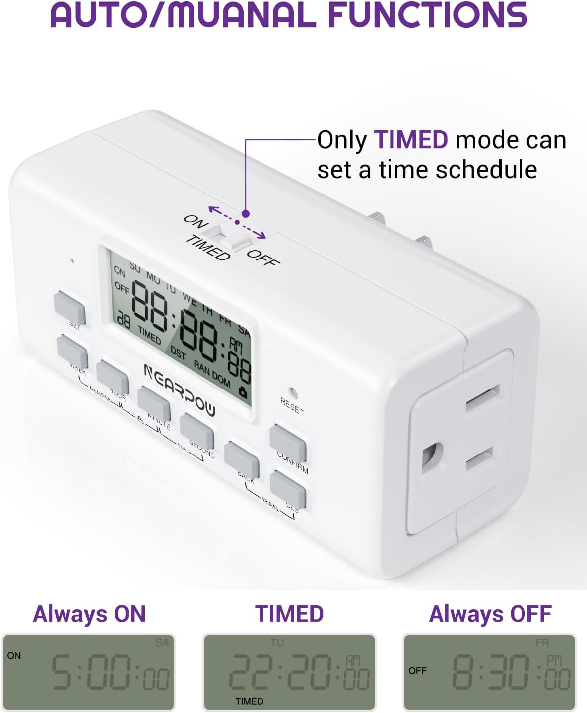 [2 Pack] NEARPOW Digital Timer For Lamp With Dual Outlets, Programmable Timer In Door, Outlet Timer For Lights,10 On/Off Programs, 24-Hour And 7-Day Programmable Electric Plug Timer,3 Prong, 15A/1875W