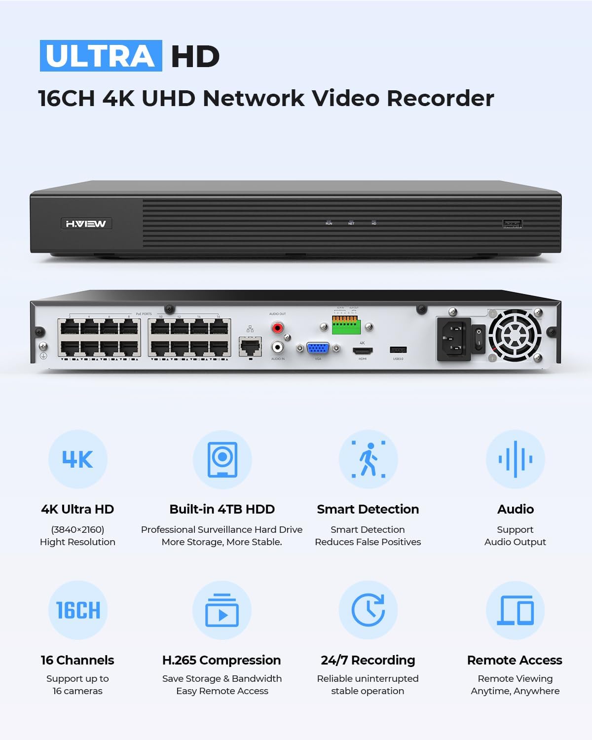 H.VIEW 4K 16 Channel Security Camera System 16Pcs CCTV Camera kit PoE 8MP Indoor Outdoor Dome Wired Surveillance Video with Audio,16CH 4K H.265 NVR with 4TB HDD, CCTV Surveillance for Businesses