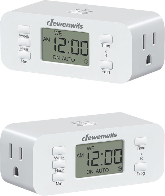 DEWENWILS 7 Day Heavy Duty Timers for Electrical Outlets, 2 Pack Dual Outlet Digital Timer, 3 Prong Programmable Light Timer for Indoor Lamp, Light, Fan, Pets, Home, Kitchen, Office, 125V 60Hz