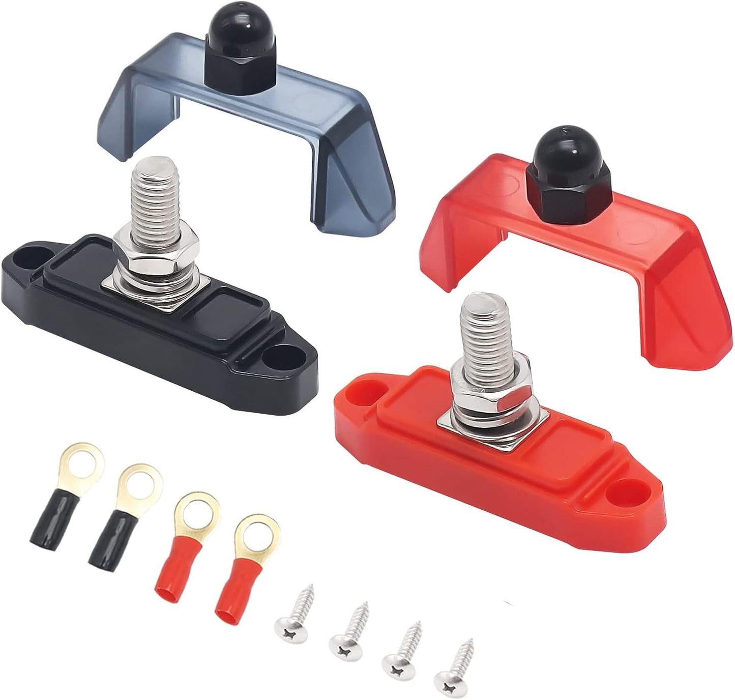 RECOIL S1P-38 Busbar Single 3/8” Studs Power Distribution Block with Ring Terminals Bus Bar Pair Red & Black