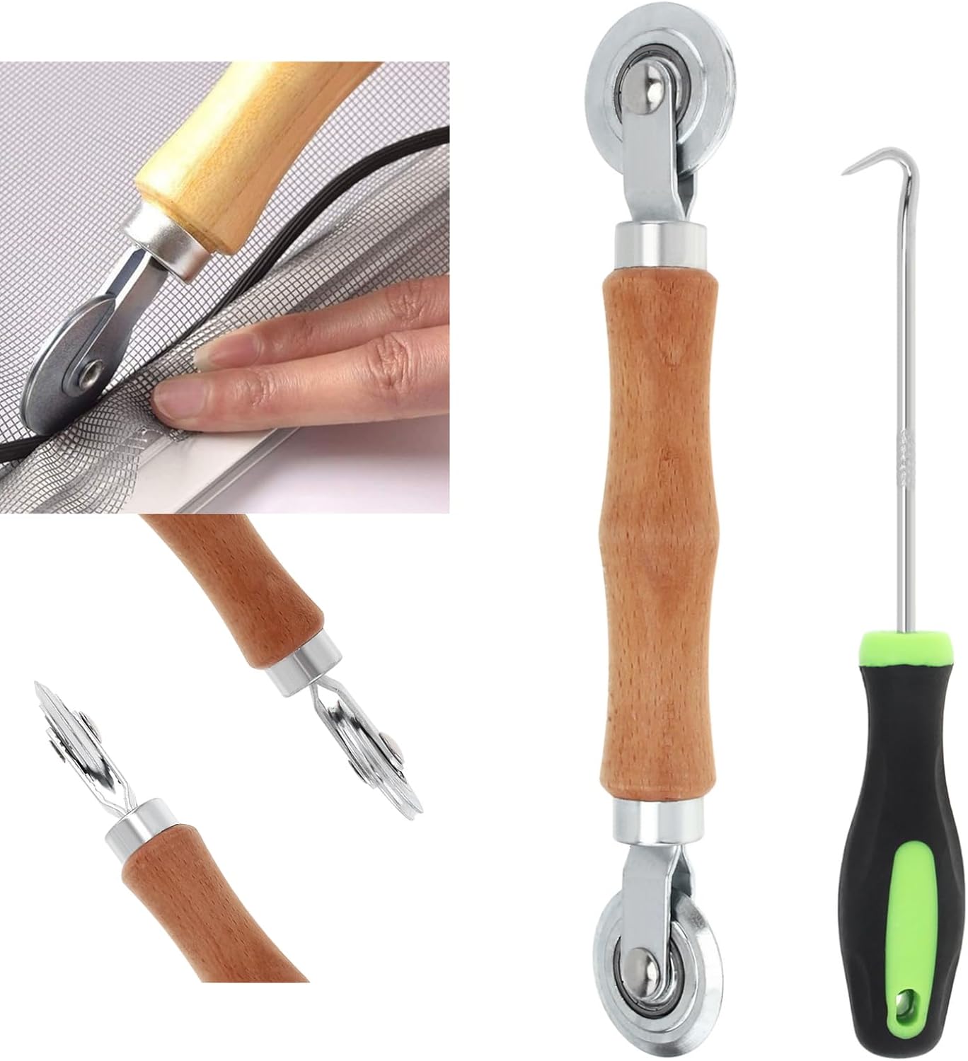 Screen Repair Kit, Screen Roller Tool with Bearing Spline Roller Wooden Handle and Puller Hook for Installing Door Screen Window, 2 in 1 Screen Roller Tool Kit