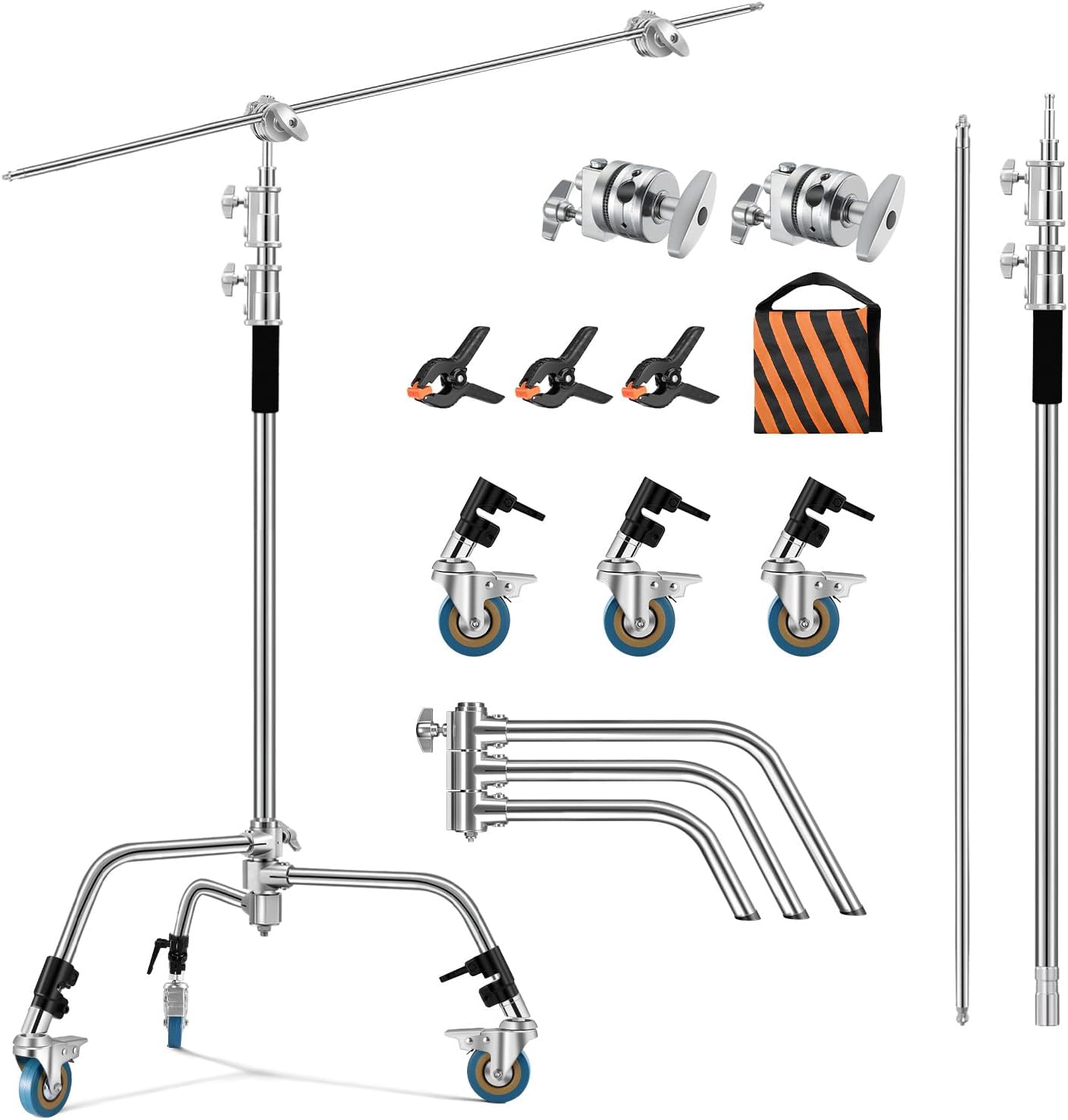 Soonpho Adjustable 10ft/3.3m Heavy Duty Light Stand with Boom Arm and Wheels,100% Stainless Steel Reflector C-Stand with Grip Head & Sandbag &Clamps,for Studio Video Reflector,Monolight,Softboxes