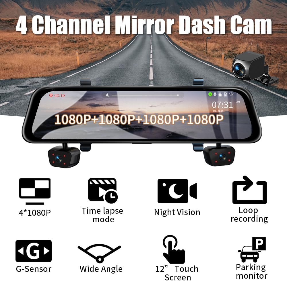 4 Channel Mirror Dash Cam, 360 Dash Camera FHD 1080P Front and Rear 12'' Full Touch Screen, Built-in WiFi, GPS, Parking Monitor, IR Night Vision with Free 128G Card