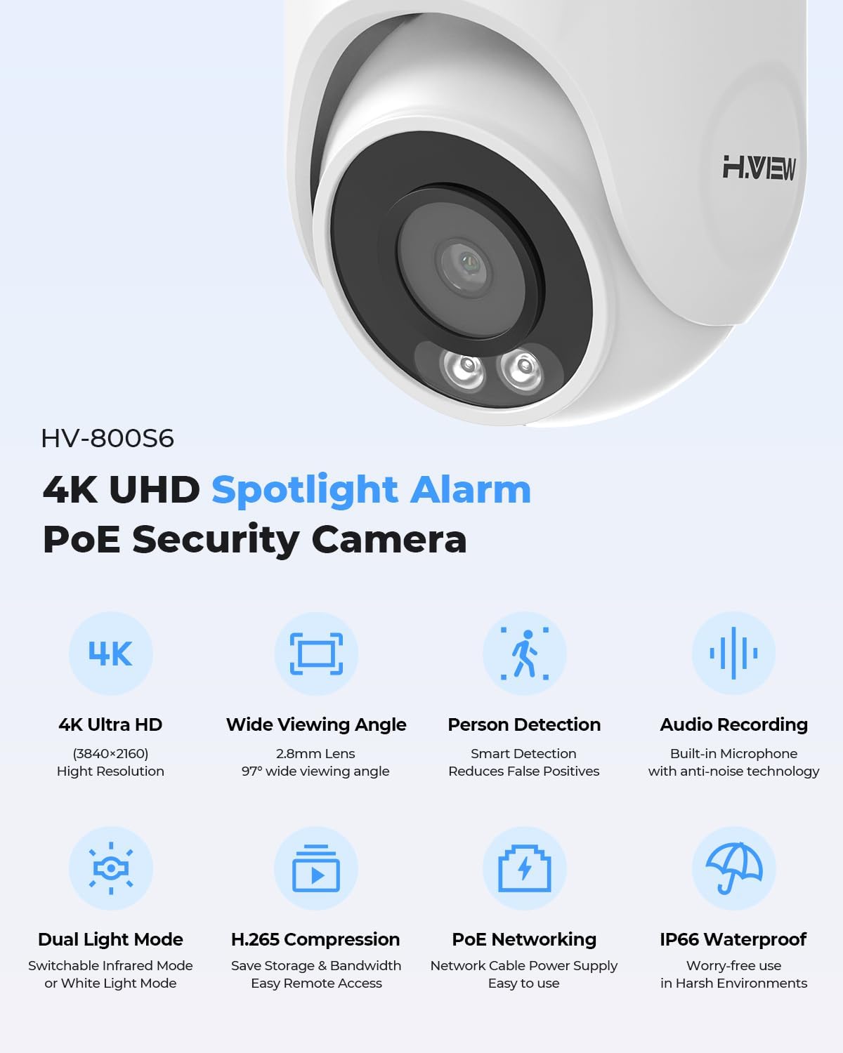 H.VIEW 4K Security Camera System, 4pcs H.265 PoE Wired Turret Cameras with Person Detection, 4K/8MP 8CH NVR with 3TB HDD for 24-7 Recording,Trigger Color Night Vision, Email Alert, AI Human