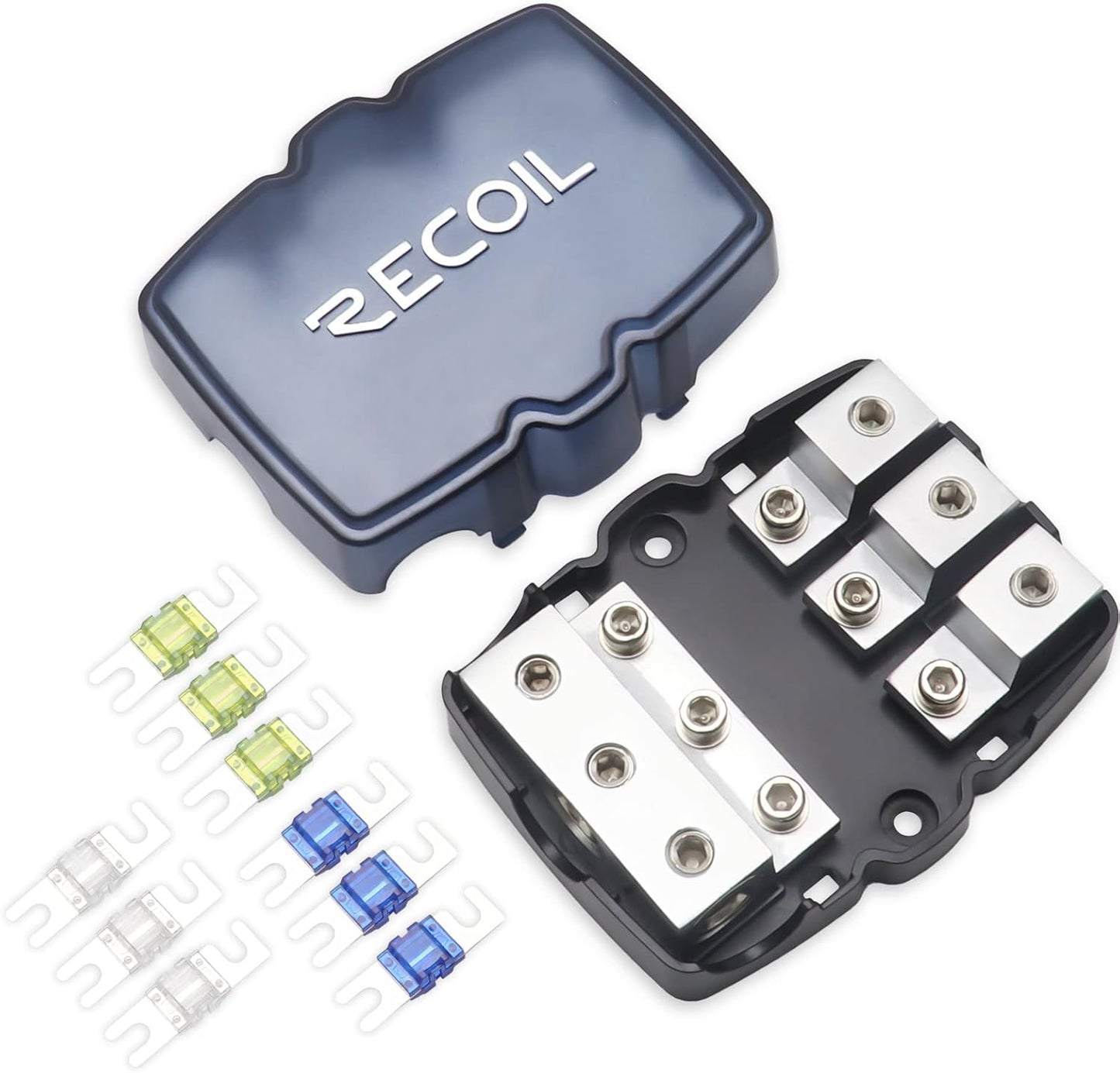 Recoil MFH13 3-Way Mini-ANL Fused Distribution Block, 3 X 0/2/4 Gauge in / 3 X 4/8 Gauge Out Fused Distribution Block with 60A, 80A, 100A Fuses, Solid Brass for Maximum Power Transfer