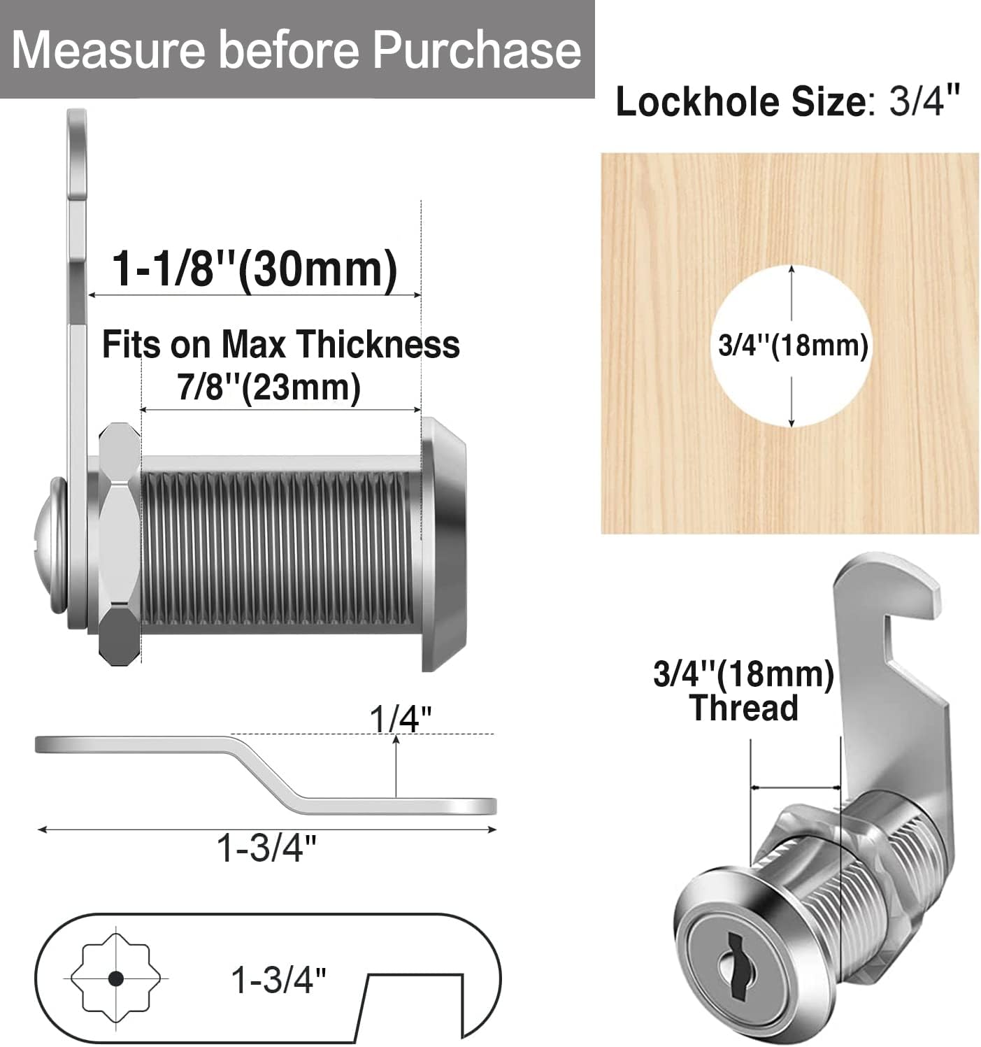 Cabinet Cam Locks Keyed Alike, 1-1/8'' Fits on 7/8'' Max Door Thickness, Secure File Drawer Mailbox RV Storage Replacement Set, Zinc Alloy (1-1/8 Inch 2Pcs)