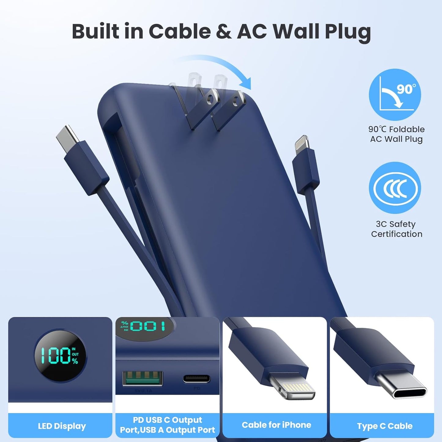 Portable Charger 33800mAh USB C Power Bank with Built-in Cables & AC Wall Plug,25W Fast Charging+QC 4.0 Phone Charger,4 Output LCD Display Battery Pack Compatible with iPhone16/15,Samsung,Android etc
